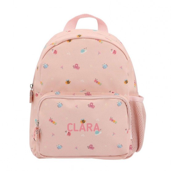 mochila rosa con dibujos de bichitos